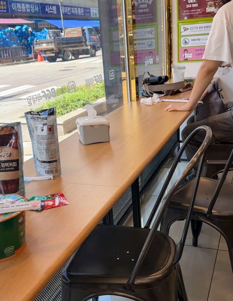 seating area inside the Korean convenience store.