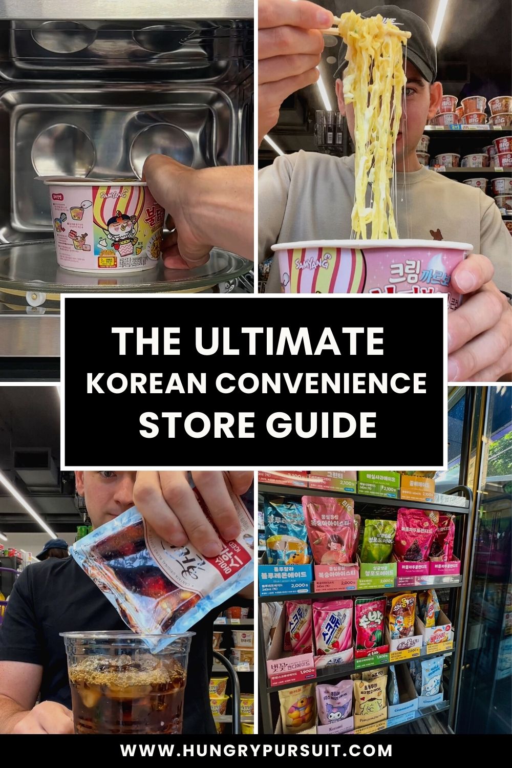 Korean convenience store collage featuring viral ramen and dining tips