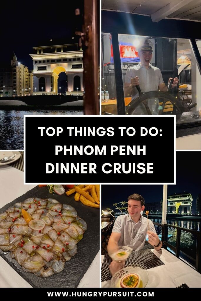 Collage capturing the Kanika Boat cruise experience on the Mekong River in Phnom Penh, featuring dinner cruises, delectable cuisine, and joyful passengers. Top things to do in Phnom Penh