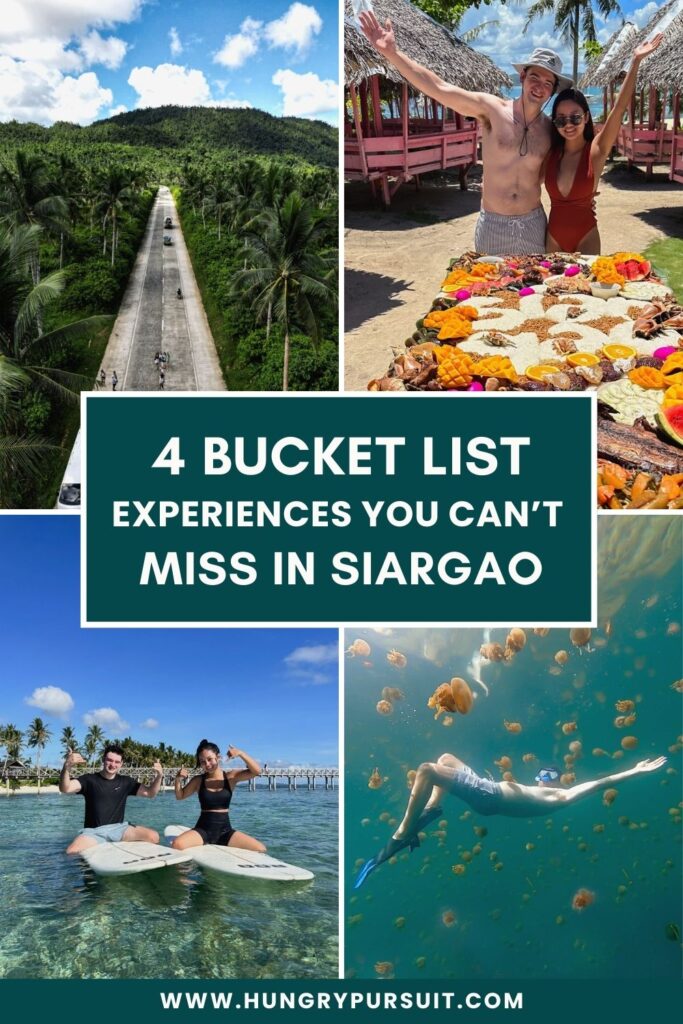 Siargao's Best Tour Collage featuring Siargao's top tours: Sohoton Cove, Land Tour, Tri Island Tour, and Surfing at Cloud 9.