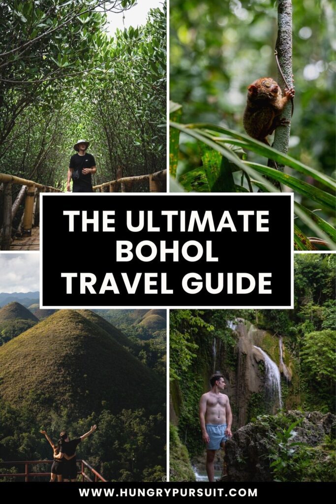 Bohol Travel Guide Collage showcasing Bohol's attractions: Chocolate Hills, tarsiers, and waterfalls, inviting travelers to explore the wonders of the Philippines.