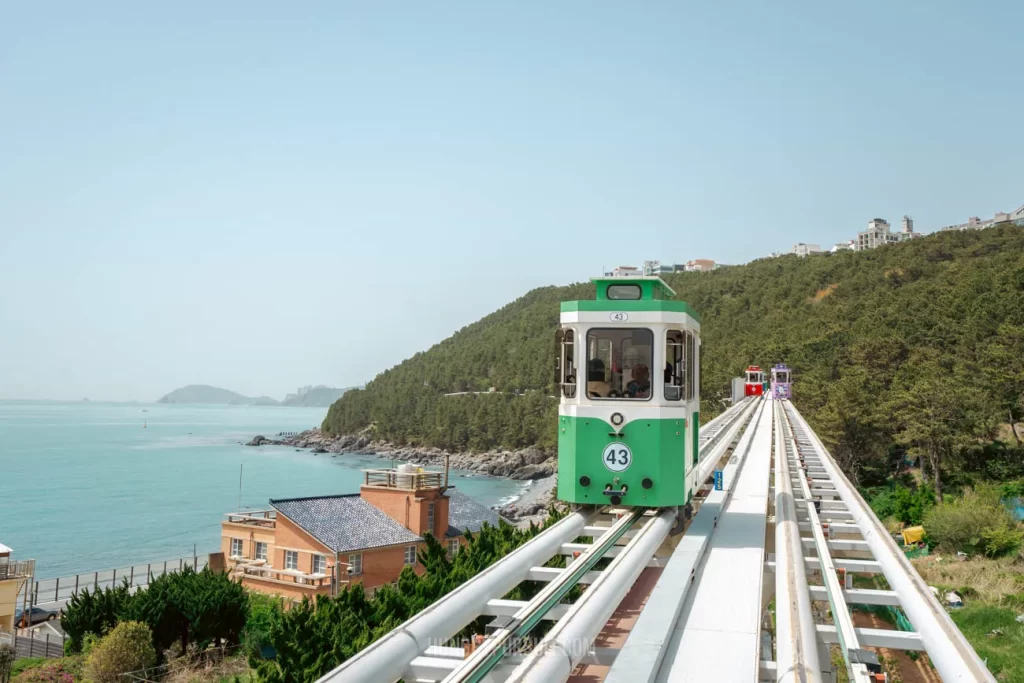 a Haeundae Sky capsule on the railway at Haeundae Blueline Park; things to do in busan