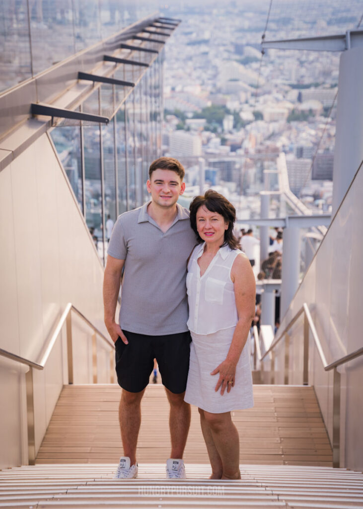 Shibuya Sky Best Photo Spots in Tokyo Japan photo with mom on stairs