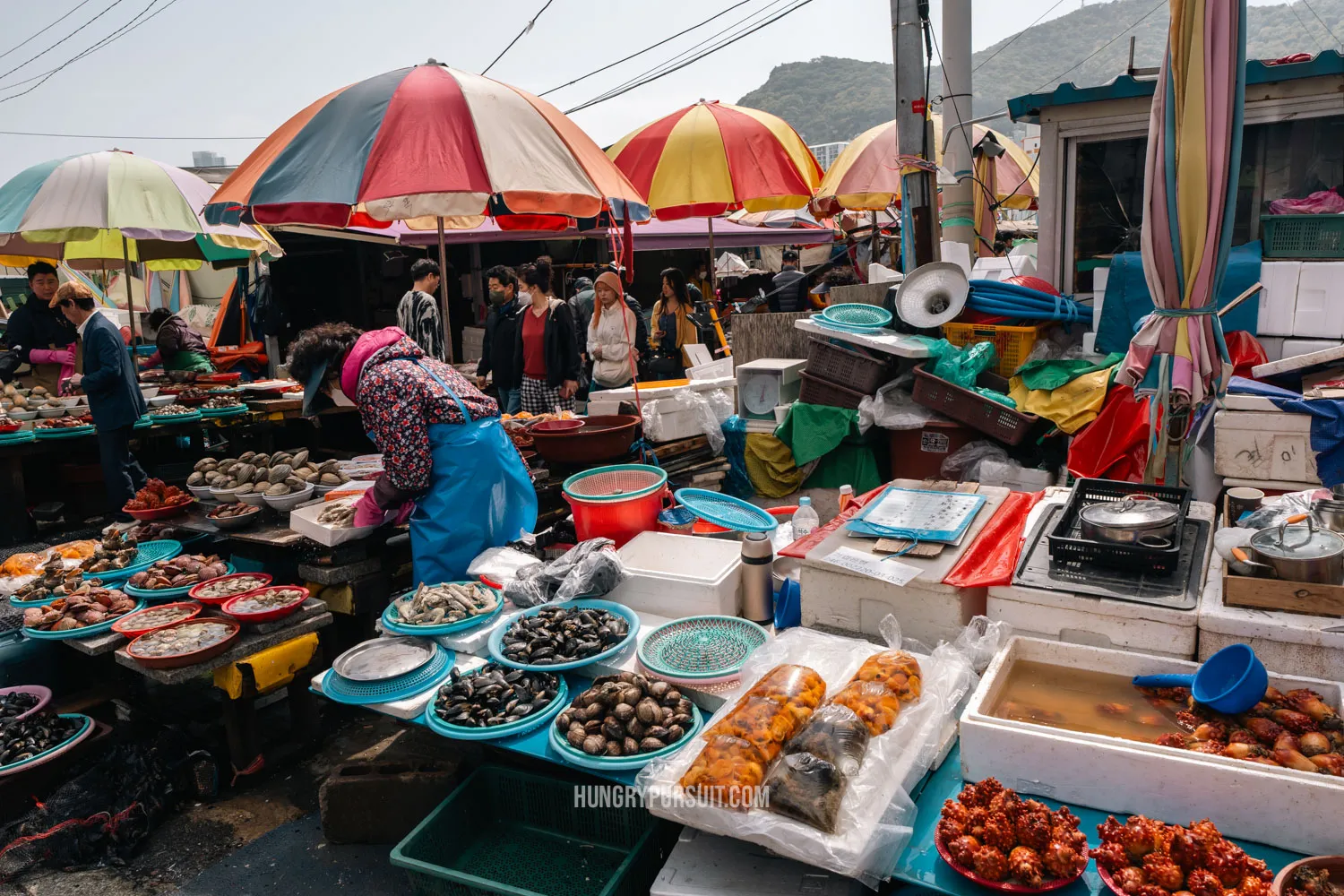 a woman vendor selling fresh seafood at jagalchi market; things to do in busan.